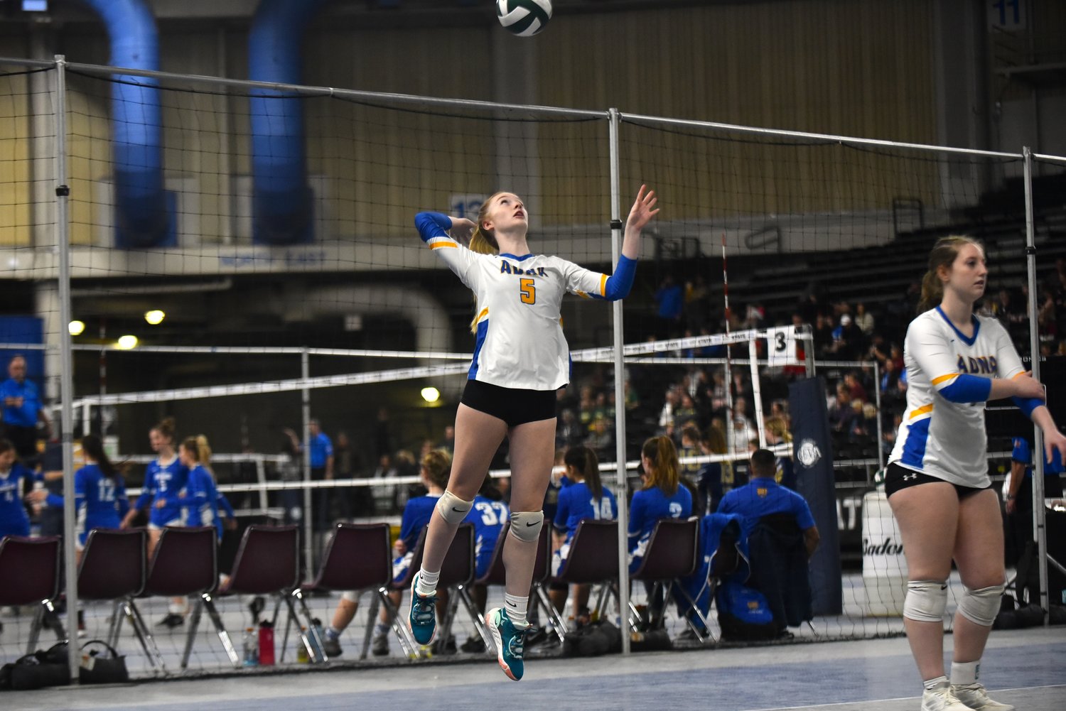 Gaby Guard puts up a serve to start off No. 5 Adna's three-set win over No. 12 Tri-Cities Prep in the first round of the 2B state volleyball tournament on Nov. 10, at the Yakima Valley SunDome.